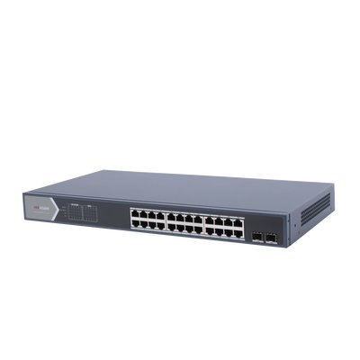 Switch Gigabit PoE+ / Administrable / 24 Puertos 1000 Mbps PoE+ / 2 Puertos SFP / Configuración Remota desde Hik-PartnerPro / PoE Extendido 250 Metros / 370 Watts