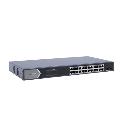 Switch Gigabit PoE+ / Administrable / 24 Puertos 1000 Mbps PoE+ / 2 Puertos SFP / Configuración Remota desde Hik-PartnerPro / PoE Extendido 250 Metros / 370 Watts