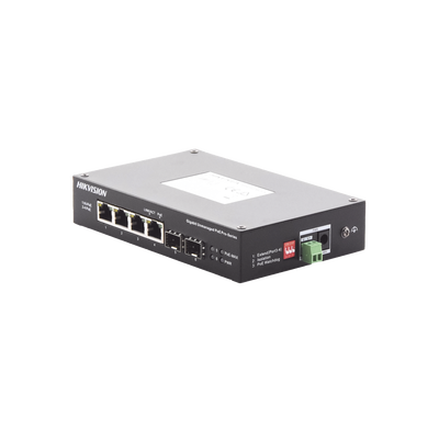 Switch Industrial No Administrable Gigabit / 3 Puertos Gigabit PoE+ (30 W) + 1 Puerto Gigabit PoE++ (60 W) / 2 Puertos SFP / 65 W Total / 48 a 57 VCD / Ideal para Proyectos / 300 Metros de Distancia