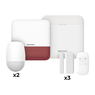 (AX PRO) KIT de Alarma AXP RO / Incluye: 1 Hub con bateria de respaldo / 2 Sensores PIR / 3 Contactos Magnéticos mini / 1 Control Remoto / 1 Sirena Inalambrica Exterior color rojo  / WiFi / Compatible con Hik-Connect P2P