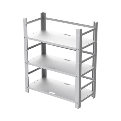 Estante Galvanizado de 3 Niveles para Instalación de 12 Baterías de Ciclo Profundo Similares a la PL-110-D12.