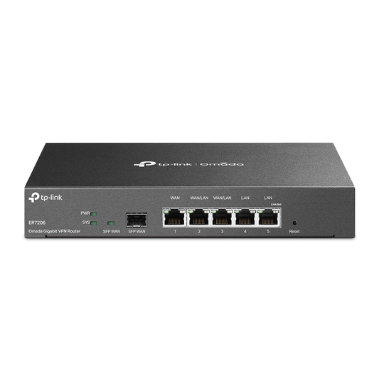 Router Omada VPN / SDN Multi-WAN Gigabit / 1 Puerto WAN SFP Gigabit / 1 Puerto WAN RJ45 Gigabit / 2 Puertos LAN RJ45 Gigabit / 2 Puertos Configurables LAN/WAN / 150,000 Sesiones Concurrentes / Administración Centralizada Omada o Stand-Alone