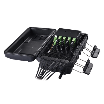 Caja de Distribución de Fibra Óptica para 24 Empalmes, con 16 acopladores SC/APC simplex, Exterior IP65, Color Negro