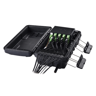 Caja de Distribución de Fibra Óptica para 24 Empalmes, con 16 acopladores SC/APC simplex, Exterior IP65, Color Negro