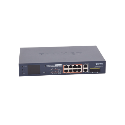 Switch PoE+ / distancia 250 metros / 8 puertos + 2 combo TP/SFP gigabit y pantalla LCD para monitoreo