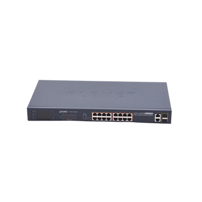 Switch no administrable PoE+ Extended, Aislamiento VLAN de 16 puertos + 2 combo TP/SFP Gigabit y Pantalla