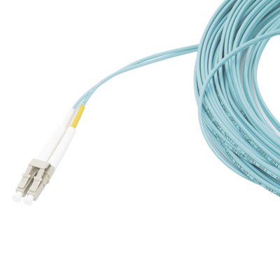 Jumper de Fibra Óptica Multimodo 50/125 XGLO OM3, LC-LC Duplex, OFNR, Color Aqua, 15 Metros