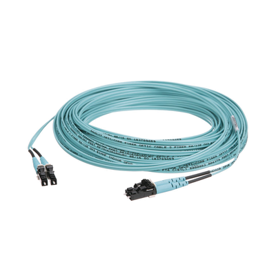 Jumper de Fibra Optica Multimodo 50/125 OM3, LC-LC Duplex, OFNR (Riser), Color Aqua, 15 Metros