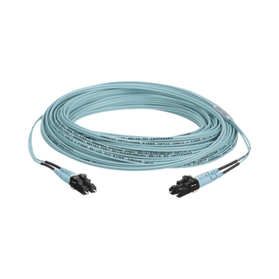 Jumper de Fibra Optica Multimodo 50/125 OM3, LC-LC Duplex, OFNR (Riser), Color Aqua, 50 Metros