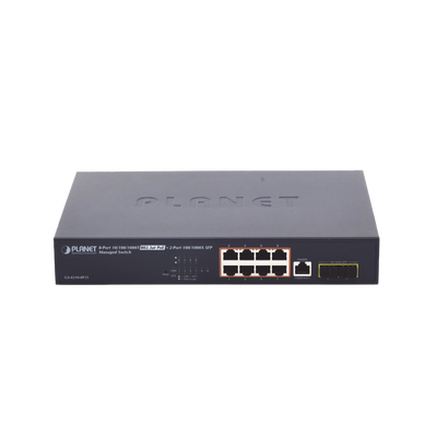 Switch Administrable Capa 2 de 8 Puertos PoE 802.3af/at Gigabit 140 W Max, 2 Puertos SFP, Modo Extendido Hasta 250 m.