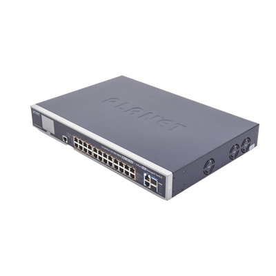 Switch Administrable L3, 24 puertos Gigabit PoE 802.3bt, 2 puertos 10G SFP+, Pantalla Tactil, Fuente Redundante, (600W)