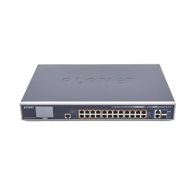 Switch Administrable L3, 24 puertos Gigabit PoE 802.3bt, 2 puertos 10G SFP+, Pantalla Tactil, Fuente Redundante, (600W)