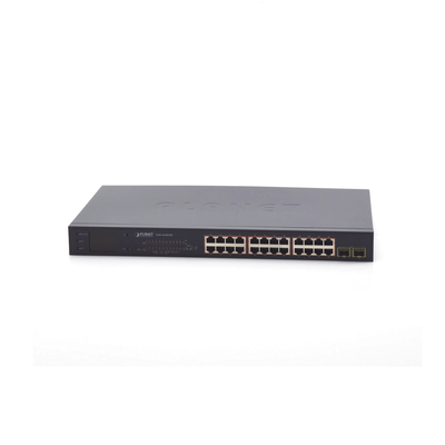 Switch PoE de 24 Puertos Gigabit 802.3af/at con Modo Extendido 250 m, 2 Puertos SFP 1000SX , Pantalla LCD para Configuración Básica, Hasta 300 W para PoE