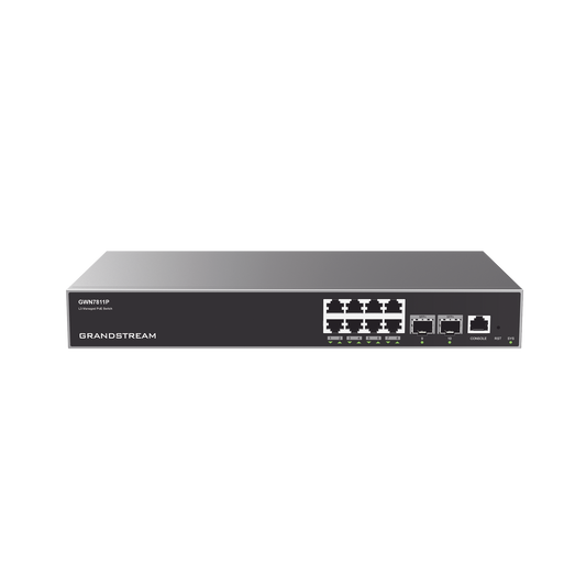 Switch Capa 3 PoE+ Administrable / 8 puertos 10/100/1000 Mbps + 2 Puertos SFP+ de 10 Gigabits / Hasta 120W / Compatible con GWN Cloud.
