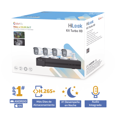 Kit TurboHD 1080p / DVR 4 Canales / 4 Cámaras Bala ColorVu con Micrófono Integrado / Fuente de Poder / Accesorios de Instalación