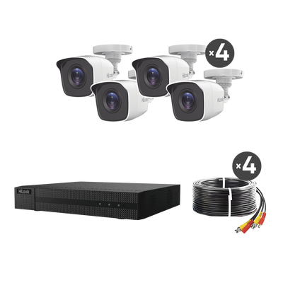 KIT TurboHD 1080p / DVR 4 canales / 4 Cámaras Bala de Metal / H.265+ / 1 Fuente de Poder Profesional / Accesorios de Instalación