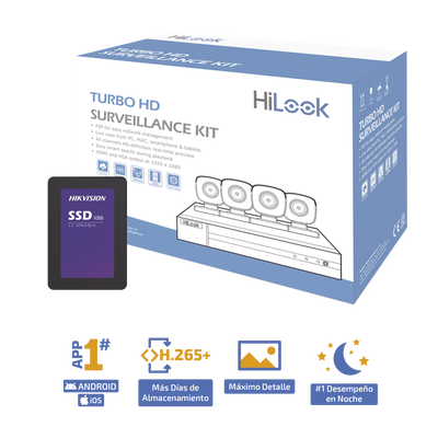 KIT TurboHD 1080p + SSD de 500 GB / DVR 4 canales / 4 Cámaras Bala de Metal / Fuente de Poder / Accesorios de Instalación