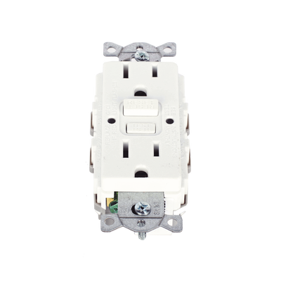 Contacto de Auto-verificación GFCI con Interruptor de Falla a Tierra de 15 A 125 V 2 Polos, 3 Hilos Color Blanco (Nema 5-15R), Grado Comercial.