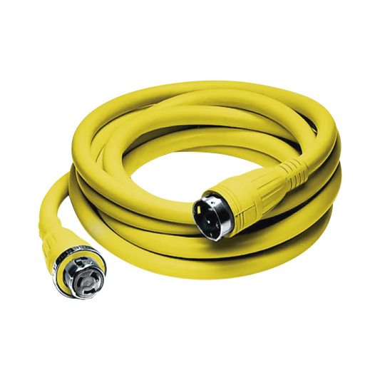 Conjunto de Cable con Extremos Macho y Hembra / 50 A 125/250 V CA / 3 Polos 4 Hilos / Color Amarillo / Grado Marino.