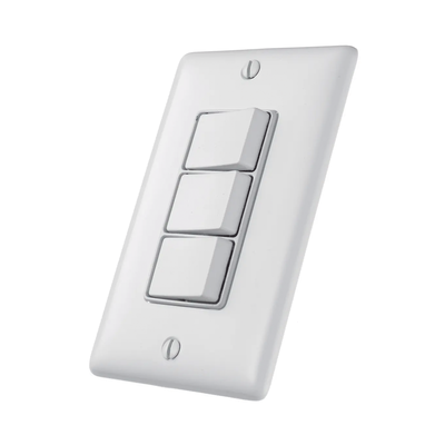 Interruptor Residencial 15 A 120 V, con 3 Bases Unipolares, Cableado lateral, Color Blanco.