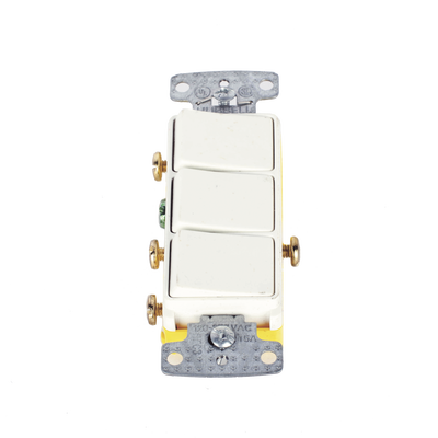 Interruptor Residencial 15 A 120 V, con 3 Bases Unipolares, Cableado lateral, Color Blanco.