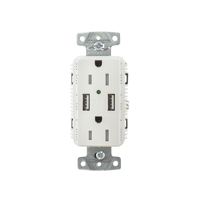 Contacto Dúplex con 2 Puertos USB, 15A 125V, 2 Polos, 3 Hilos, Color Blanco.