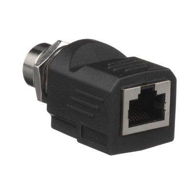 Adaptador IndustrialNet™ de M12 D-Code a Rj45, para Uso en Redes Industriales, Protección IP20 en RJ45 e IP68 en M12, Color Negro