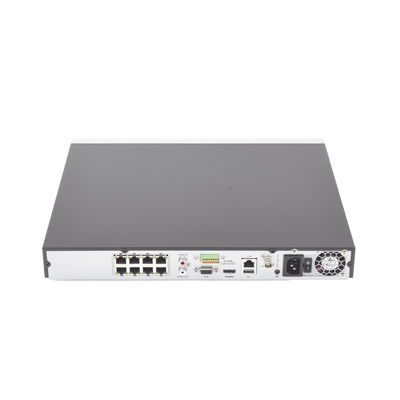 NVR 12 Megapixel (4K) / Reconocimiento Facial / 8 Canales IP / Base de Datos / Hasta 100,000 Fotografías / 8 Puertos PoE+ / 2 Bahías de Disco Duro / Switch PoE 300 mts / Bases de Datos / HDMI en 4K