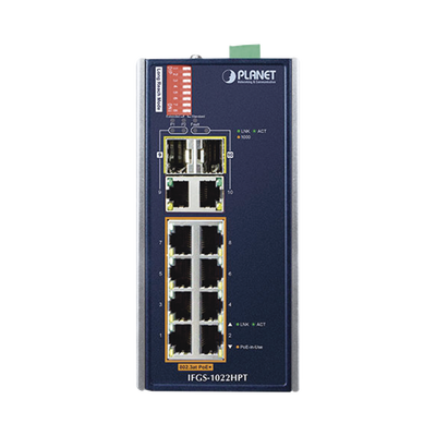 Switch Industrial PoE no administrable de 8 Puertos 10/100TX 802.3at,  Hasta 240 W, Combo TP / SFP Gigabit TP / SFP  (-40 ~ 75 grados C)