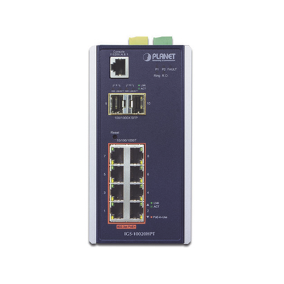 Switch Industrial Administrable Capa 2, 8 puertos PoE Gigabit 802.3af/at, 2 Puertos SFP de 1 / 2.5 Gigabit, Entrada de Voltaje Secundaria para Fuente Redundante