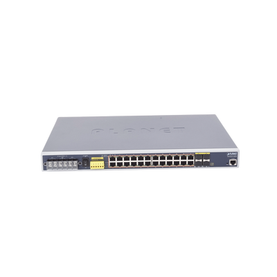 Switch PoE Industrial Capa 3, Con 24 Puertos PoE Gigabit  802.3af/at, 4 Puertos SFP Compartidos 100 / 1000X, Soporta temperaturas extremas de -40 ~ 75°C