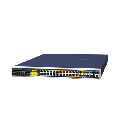 Switch Industrial Capa 3, 24 Puertos Gigabit PoE 802.3af/at, 4 Puertos SFP 1 G, 4 Puertos SFP de 10 G