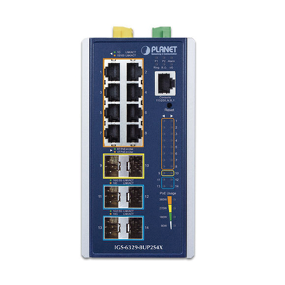 Switch Industrial Capa 3 de 8 Puertos 10/100/1000T PoE 802.3bt, 2 Puertos SFP 1 G/2.5 G, 4 Puertos SFP 10G, Instalación en Pared o Puerto DIN.