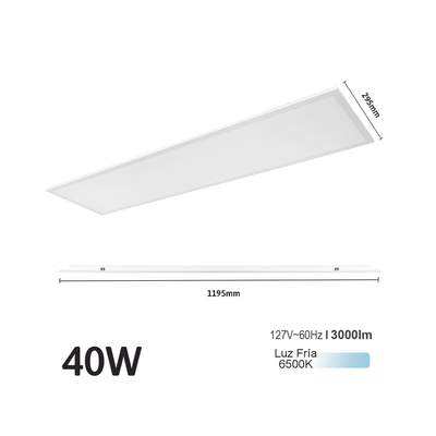 Panel LED Rectangular Empotrado o Suspendido /11195 x 95 mm / 127 Vca~60Hz / TC 6 500 °K / Ángulo de Luz de 140°