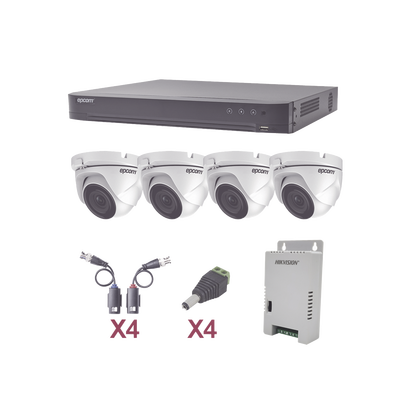 KIT TurboHD 1080p / DVR 4 Canales / 4 Cámaras Eyeball (exterior 2.8 mm) / Transceptores / Conectores / Fuente de Poder Profesional