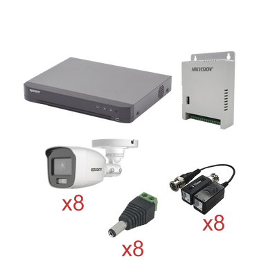 KIT TurboHD con Audio 1080p / DVR 8 Canales / 8 Cámaras Bala (exterior 2.8 mm) / Transceptores / Conectores / Fuente de Poder / AUDIO POR COAXITRON