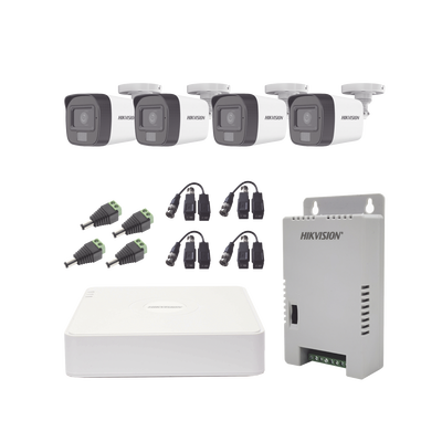 Kit TURBOHD 1080p / DVR 4 Canales / 4 Cámaras con Micrófono Integrado y 101° Visión / Luz Blanca + IR Visión Nocturna / Transceptores / Conectores / Fuente de Poder Profesional Compacta