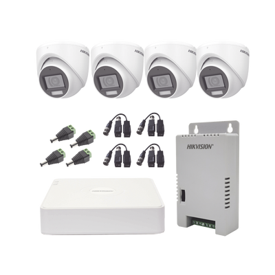 KIT TurboHD 1080p / DVR 4 Canales con audio por coaxitron / 4 Cámaras con Micrófono y  106° Visión/  luz blanca + IR visión nocturna  / Transceptores / Conectores / Fuente de Poder Profesional