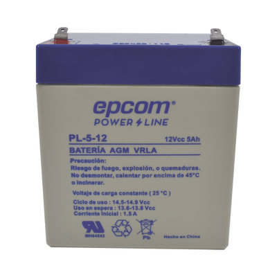 Batería 12 Vcc / 5 Ah / UL / Tecnología AGM-VRLA / Para uso en equipo electrónico Alarmas de intrusión / Incendio/ Control de acceso / Video Vigilancia / Terminales F1 / Cargador recomendado CHR-80.