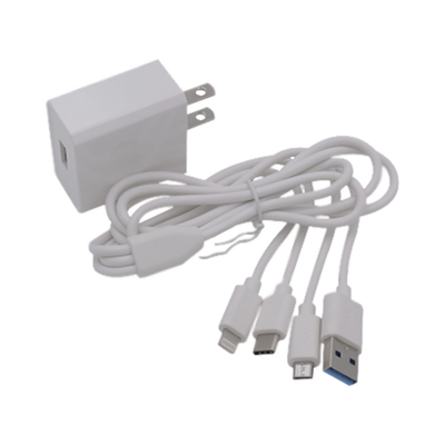 Cargador de pared USB de 5 Vcc 2A / Multi-puertos / USB-C / Micro USB / Tipo C / Lightning (iPhone) / Extensión de cable 1.2 metros