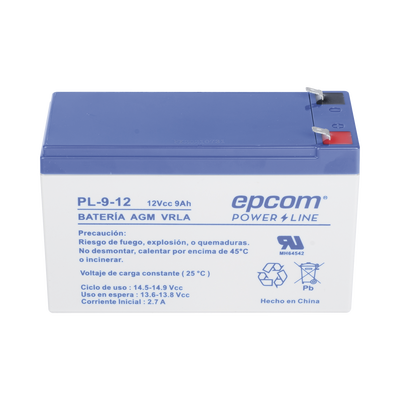 Batería 12 Vcc / 9 Ah / UL / Tecnología AGM-VRLA / Para uso en equipo electrónico Alarmas de intrusión / Incendio/ Control de acceso / Video Vigilancia / Terminales F1 / Cargador recomendado CHR-80.