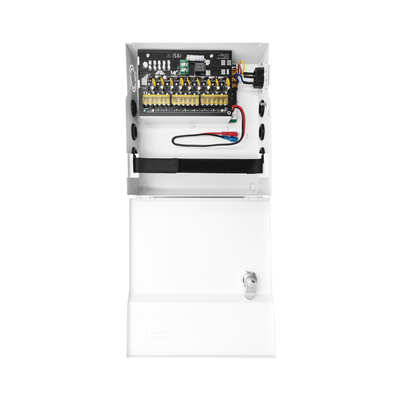 Fuente de Poder con ajuste de voltaje de 11- 15 Vcc / 10 A / 9 Salidas / Capacidad de Batería de Respaldo / Requiere Batería / Voltaje de Entrada 96-264 Vca