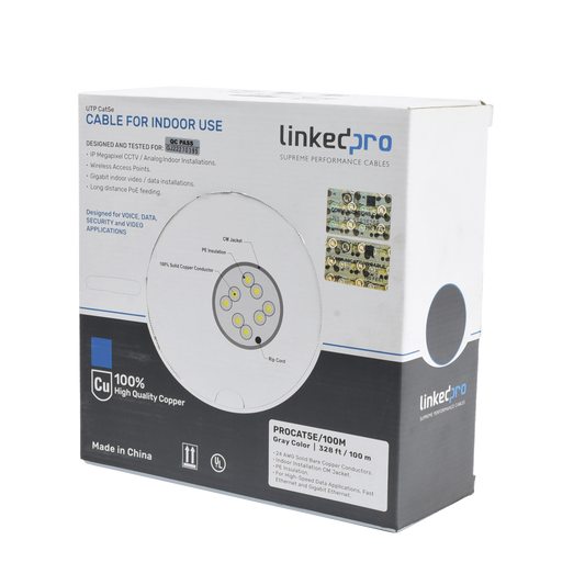 Cable Cat5e de alto rendimiento, con certificaciones ETL, UL, color gris, de 100 m ( 328 ft ) para aplicaciones en CCTV, redes de datos. Uso interior.