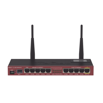 Router Board, 10 Puertos Ethernet, 1 Puerto SFP, Wi-Fi de Gran Cobertura 2.4 GHz Antenas de 4 dBi, hasta 1 Watt de potencia