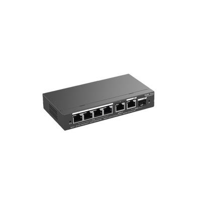 Switch Administrable con 4 puertos Gigabit PoE, 2 Uplink Gigabit y 1 Uplink Gigabit para Fibra SFP en combo, gestión gratuita desde la nube