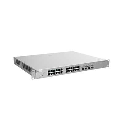 Switch Administrable Capa 3 con 24 puertos Gigabit PoE 802.3af/at + 4 SFP+ para fibra 10Gb, gestión gratuita desde la nube, 370w