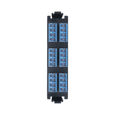 Placa acopladora de Fibra Óptica Quick-Pack, Con 6 Conectores LC/UPC con conectores “Shuttered”  Quad (24 Fibras), Para Fibra Monomodo, Azul, incluye tapas cubre polvo abatibles integradas por cada conector.