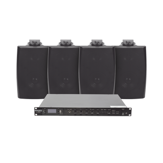 KIT de Amplificador de Audio 120W para Rack | 4 Altavoces de Pared color Negro 2.5W - 20W | Sistema 70/100V