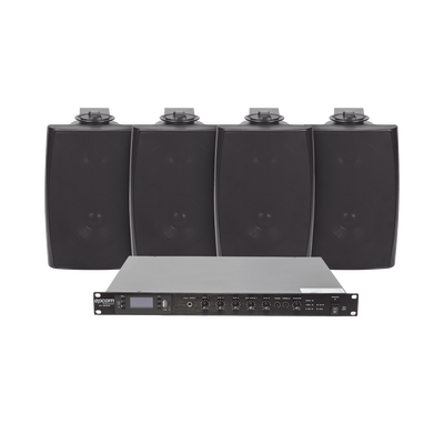 KIT de Amplificador de Audio 120W para Rack | 4 Altavoces de Pared color Negro 2.5W - 20W | Sistema 70/100V