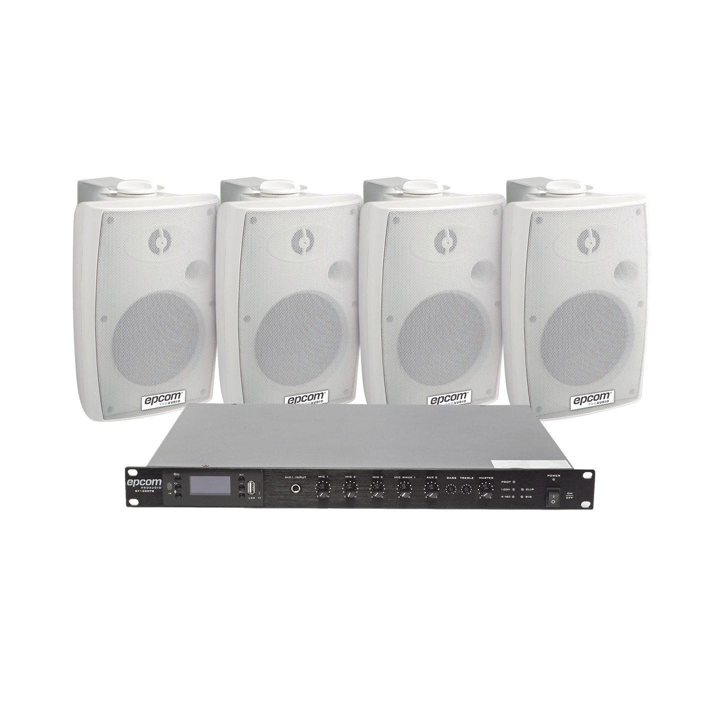KIT de Amplificador de Audio 120W para Rack | 4 Altavoces de Pared color Blanco 2.5W - 20W | Sistema 70/100V